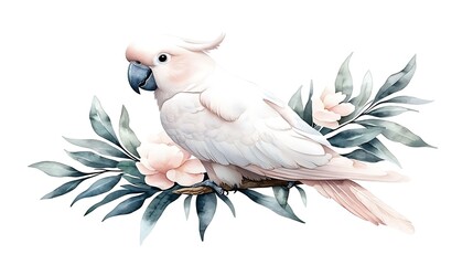 Elegant white cockatoo perched on floral branch nature scene watercolor artwork serenity