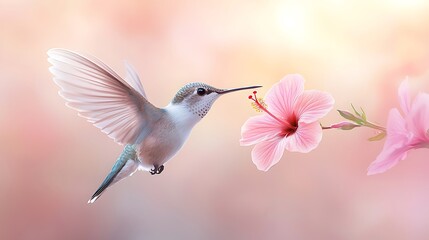 Naklejka premium Beauty of wildlife hummingbird close-up feeding on hibiscus in tropical garden