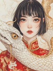 A girl in a red and gold Chinese-style dress, with short black hair and bangs, holding the head of a white snake-dragon.