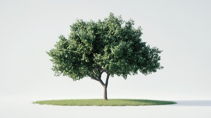 Obraz premium Lush green tree on small patch of grass, isolated on white background.