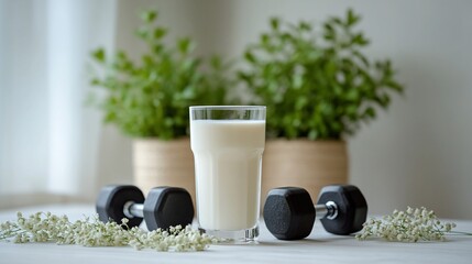 Glass of milk with dumbbells and plants.