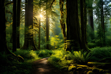 Obraz premium Enthralling Wilderness: Sun-Kissed Canopy Over Dense Green Forest