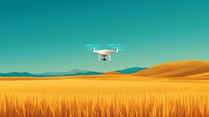 Naklejka premium Aerial View of Drone Monitoring Agricultural Crops with Advanced Sensors in a Vast Field Under Clear Blue Sky