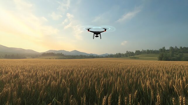 Drone Monitoring Crops with Advanced Sensors Over Lush Agricultural Fields Under a Beautiful Sunset in a Serene Rural Landscape