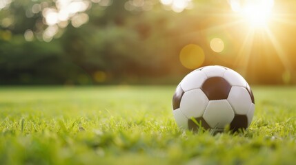 Fototapeta premium A close-up of a soccer ball resting on lush green grass, illuminated by warm sunlight, creating a serene outdoor sports atmosphere.