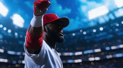 Baseball player celebrates home run victory at stadium sports photography nighttime dynamic perspective