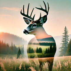 Double exposure image of a white-tailed deer in a serene landscape