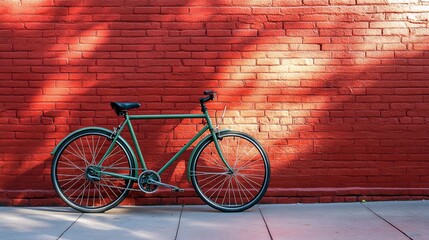 Green bicycle leaning against a red brick wall in sunlight. (1)