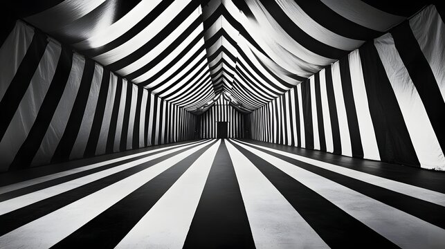 Black and white striped tent interior pathway