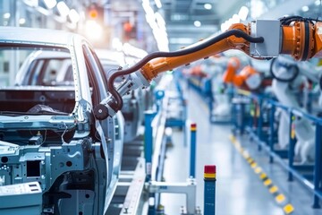 Advanced Industrial Robot Arm Operating in Automotive Manufacturing Plant for Modern Car Assembly and Production Line Automation