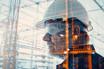 Construction Engineer with Hard Hat and Safety Glasses Overlaid with Digital Data Visualization in a Building Site Environment