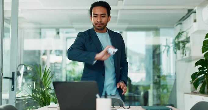 Frustrated, businessman or tearing paper with laptop for bad news, contract or fail at office. Angry, man or disappointed employee with stress for mistake, corporate bankruptcy or debt at workplace