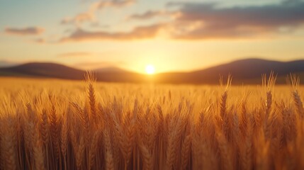 Obraz premium Serene Sunset Over a Golden Wheat Field Illuminated by Warm Sunlight in a Picturesque Landscape, Capturing the Tranquility of Nature at Dusk