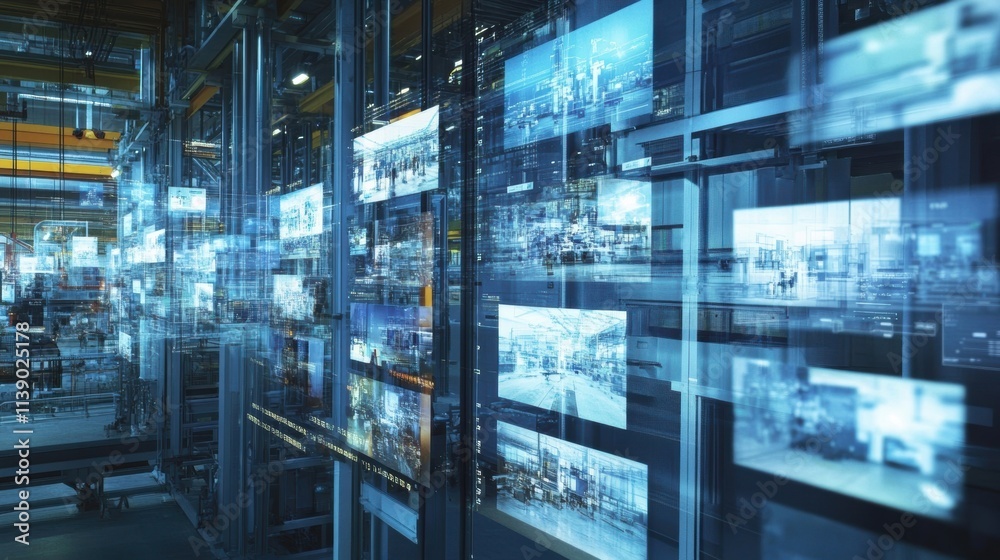 Poster an array of small screens showing live video feeds from various parts of the factory floor with over