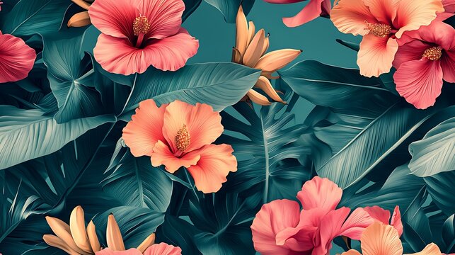 A stunning arrangement of oversized tropical flowers in bright fuchsia and coral hues, intertwined with large banana leaves, set against a soft turquoise background, hd quality, lively and fresh.
