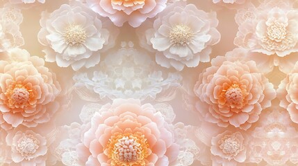 A symmetrical arrangement of blooming roses and peonies in soft pastel colors, each flower featuring lace-like textures, with a gradient beige-to-pink background, hd quality,