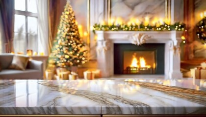 Fototapeta premium A cozy holiday scene featuring a decorated Christmas tree, a glowing fireplace, and elegant marble furnishings, creating a warm, festive atmosphere.