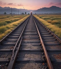 Obraz premium A solitary empty train platform in the middle of a fields, scenery, nature
