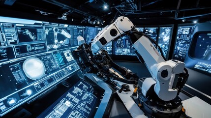 A closeup of a robotic arm gripping a part of the vehicles chassis surrounded by screens that monitor the assembly process in realtime.