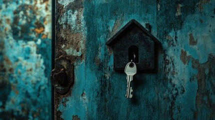 House key in old door keyhole.