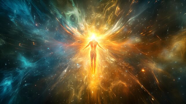 Fototapeta Radiant Human Figure Ascending Through Cosmic Nebula