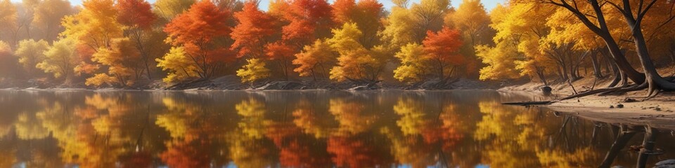 autumn leaves and branches scattered on sandy riverbank with trees reflected in calm water, fall foliage, river