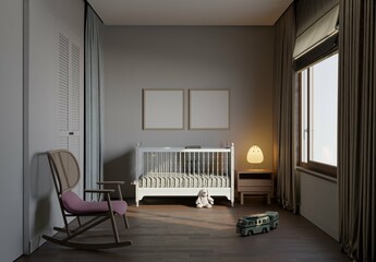 modern and cute nursery room with crib and mockup posters. 3d illustration