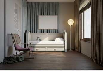 mockup poster in cute kids bedroom with classic sofa bed in grey color. 3d illustration