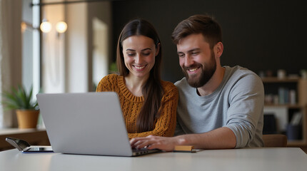 Naklejka premium A couple sitting together on a sofa at home, using a laptop and a computer, smiling and enjoying their time working and sharing happiness in a comfortable setting