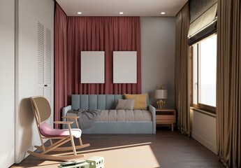 mockup poster in cute kids bedroom with sofa bed in blue color. 3d illustration
