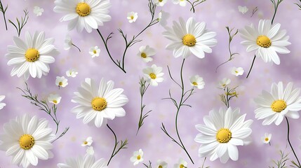 Obraz premium Artistic floral pattern of daisies with soft white petals and green vines, arranged symmetrically against a light lavender backdrop, hd quality, natural and serene. --ar 16:9 --tile