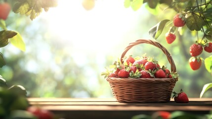 Naklejka premium Basket of Fresh Strawberries in Sunlit Garden Environment