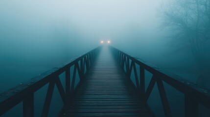 Obraz premium Mysterious Wooden Bridge in Foggy Landscape at Dusk