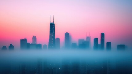 Fototapeta premium Misty Cityscape at Dawn with Soft Pastel Sky and Skyscrapers