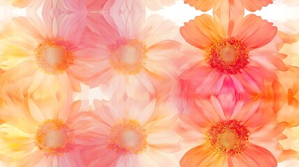 Bright gerbera daisies in vivid orange, pink, and yellow tones, arranged in a perfectly symmetrical repeating pattern, set against a soft white background, hd quality, vibrant and modern design.