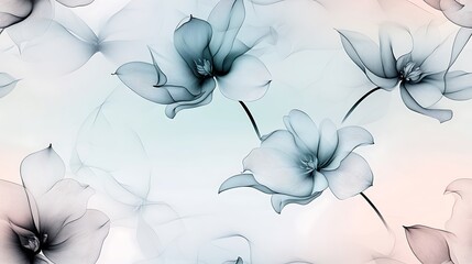 Contemporary line art of orchids and lilies, thin and flowing black outlines, accented by gradients in light blue and green, against a soft gray background, hd quality, minimalist and serene.