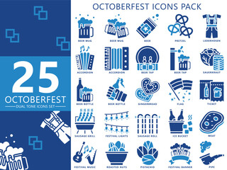 Oktoberfest dual tone icons pack, includes traditional Bavarian elements like beer barrels, bratwurst, accordions, beer tents, Pretzels, lights, meat, pipe, lederhosen, dirndls and more. vector EPS 10