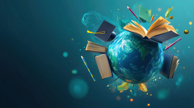 3D Globe with Education Symbols: Global Knowledge Sharing