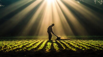 A hardworking farmer plowing a field with a traditional plow, the morning sun casting long shadows