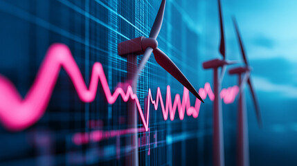 Futuristic wind turbines with digital data visualization
