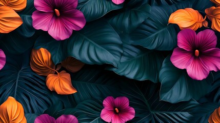 Obraz premium Large tropical flowers in deep magenta and fiery orange, surrounded by lush green philodendron leaves, over a dark teal background with subtle textures, hd quality, vibrant and sophisticated.