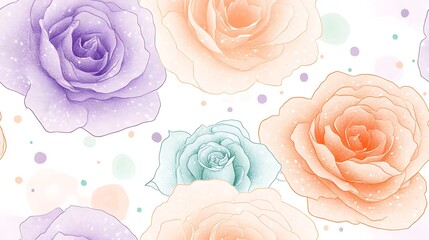 Minimalist floral doodles with bold outlines in soft peach, mint, and lilac, surrounded by pastel polka dots on a white background, seamless pattern, hd quality, lighthearted and modern design.