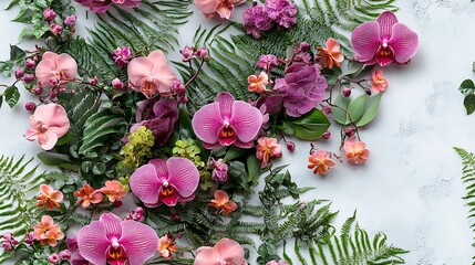 Orchid blooms in radiant magenta and muted peach shades, surrounded by textured ferns in varying tones of green, placed over a minimalistic white background, hd quality, fresh and natural design.