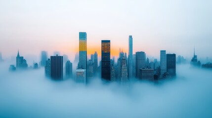 Fototapeta premium Cityscape at Dawn with Fog Surrounding Skyscrapers and Buildings