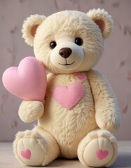 Creamy teddy bear with embroidered pink heart , closeup, soft