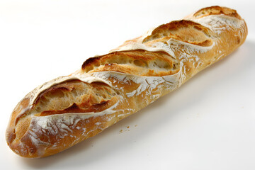 Freshly baked baguette with crispy golden crust and artisan slashes isolated on white background