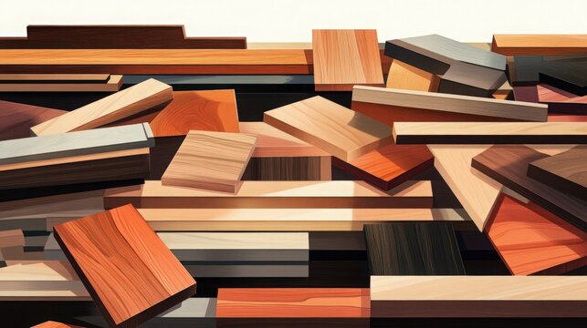 Assorted Wooden Planks of Various Shapes and Colors Piled Together to Create a Textured Background in Natural Tones and Warm Hues