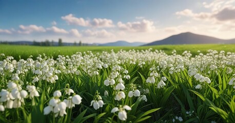 Fototapeta premium Lilies of valley in a field with green grass and sky, flowers, sky, lily of valley