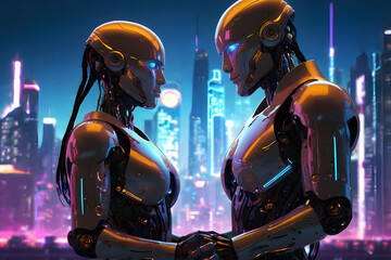 Two robots facing each other, glowing with romantic connection