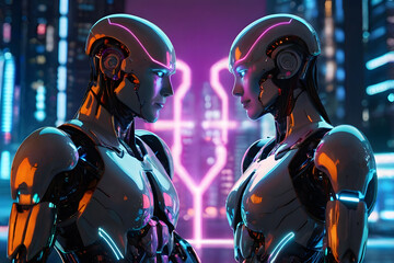 Two robots facing each other, glowing with romantic connection